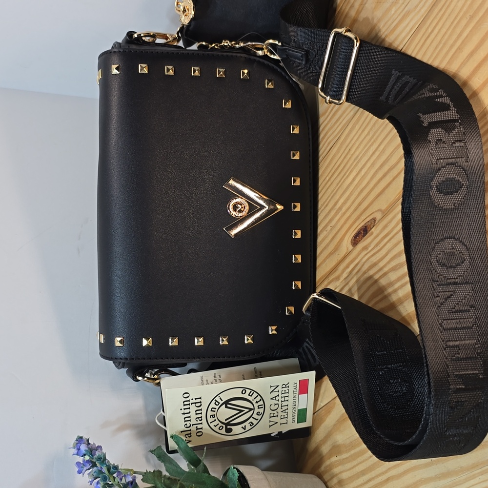 Valentino Orlandi Black Gold Studded Wide Strap Vegan Leather Crossbody Bag NWT